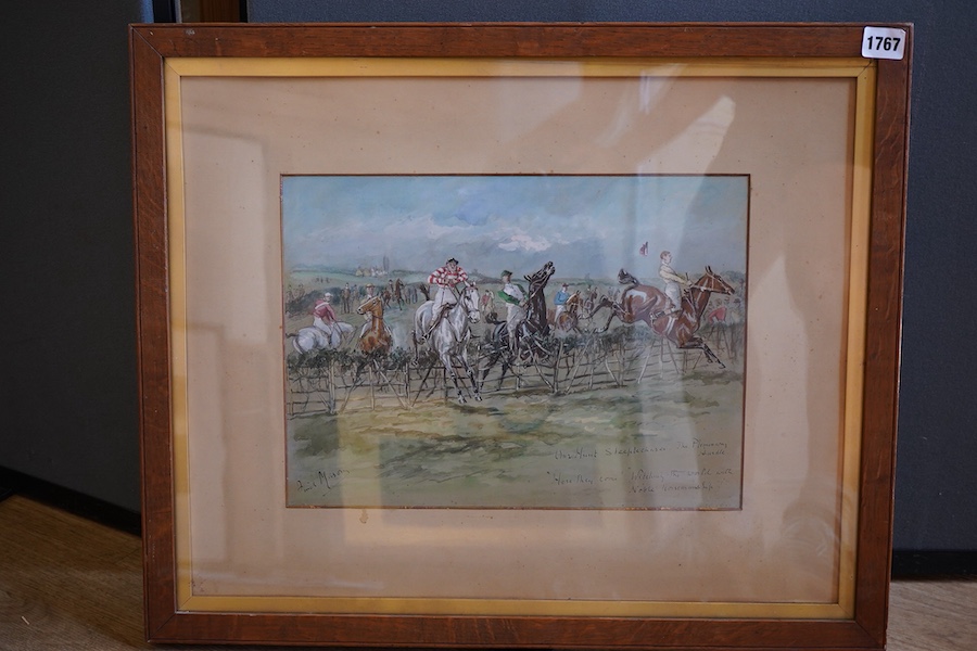 George Finch Mason (1850-1915), ‘Hunt Steeplechase, The Preliminary Hurdle’, signed and inscribed, watercolour, together with a similar watercolour by an unknown hand, largest 26 x 36cm